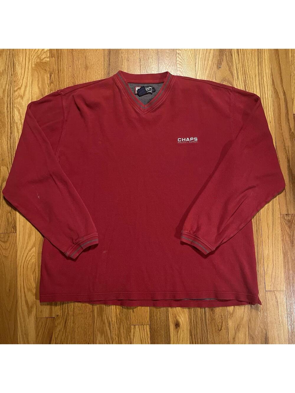 Vintage 90s Ralph Lauren Chaps Red Knit V Neck Sweater LS Distressed Mens L